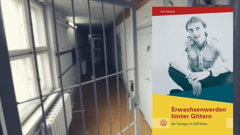 Buchcover "Erwachsen werden hinter Gittern" Im Hintergrund: Eine vergitterte Tür steht in der Gedenkstätte Berlin-Hohenschönhausen in einem Trakt des ehemaligen Stasi-Haftkrankenhauses etwas offen. Buchcover "Erwachsen werden hinter Gittern" Im Hintergrund: Eine vergitterte Tür steht in der Gedenkstätte Berlin-Hohenschönhausen in einem Trakt des ehemaligen Stasi-Haftkrankenhauses etwas offen.