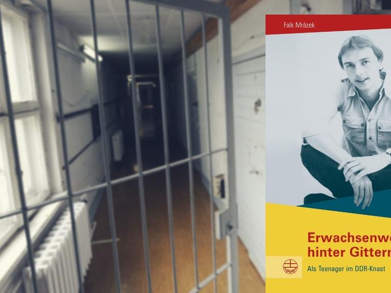 Buchcover "Erwachsen werden hinter Gittern" Im Hintergrund: Eine vergitterte Tür steht in der Gedenkstätte Berlin-Hohenschönhausen in einem Trakt des ehemaligen Stasi-Haftkrankenhauses etwas offen.