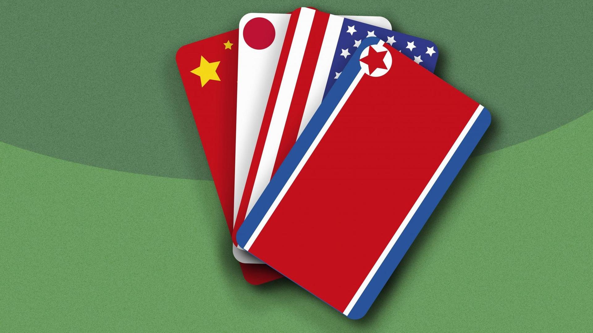 Die chinesische, japanische, amerikanische und nordkoreanische Flagge als Kartenspiel-Blatt. Die chinesische, japanische, amerikanische und nordkoreanische Flagge als Kartenspiel-Blatt.