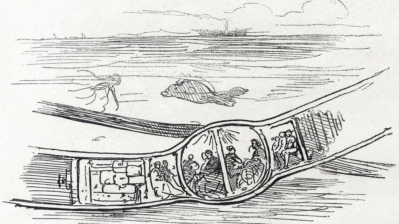 Die Qualitäten des Werkstoffs brachten Menschen auf Ideen. Karikatur einer Art Ärmelkanal aus Gummi, veröffentlicht im Vorfeld der Weltausstellung von 1867. Die Qualitäten des Werkstoffs brachten Menschen auf Ideen. Karikatur einer Art Ärmelkanal aus Gummi, veröffentlicht im Vorfeld der Weltausstellung von 1867.