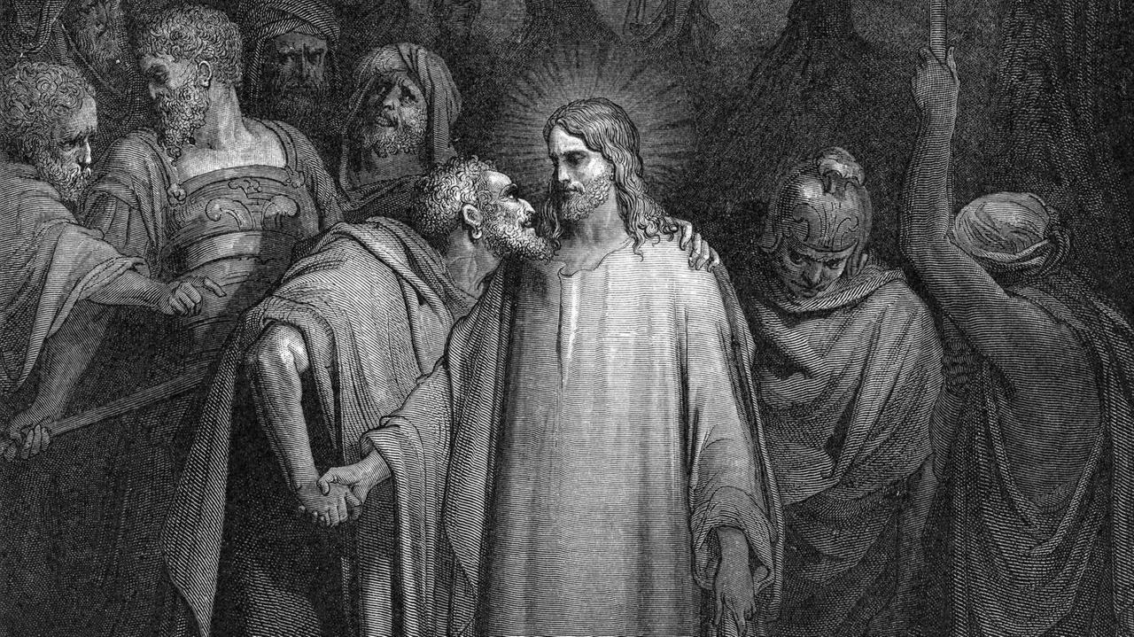 Judas verrät Jesus durch einen Kuss - Bibelillustration von Gustave Doré (1832-1883)
Judas verrät Jesus durch einen Kuss - Bibelillustration von Gustave Doré (1832-1883)