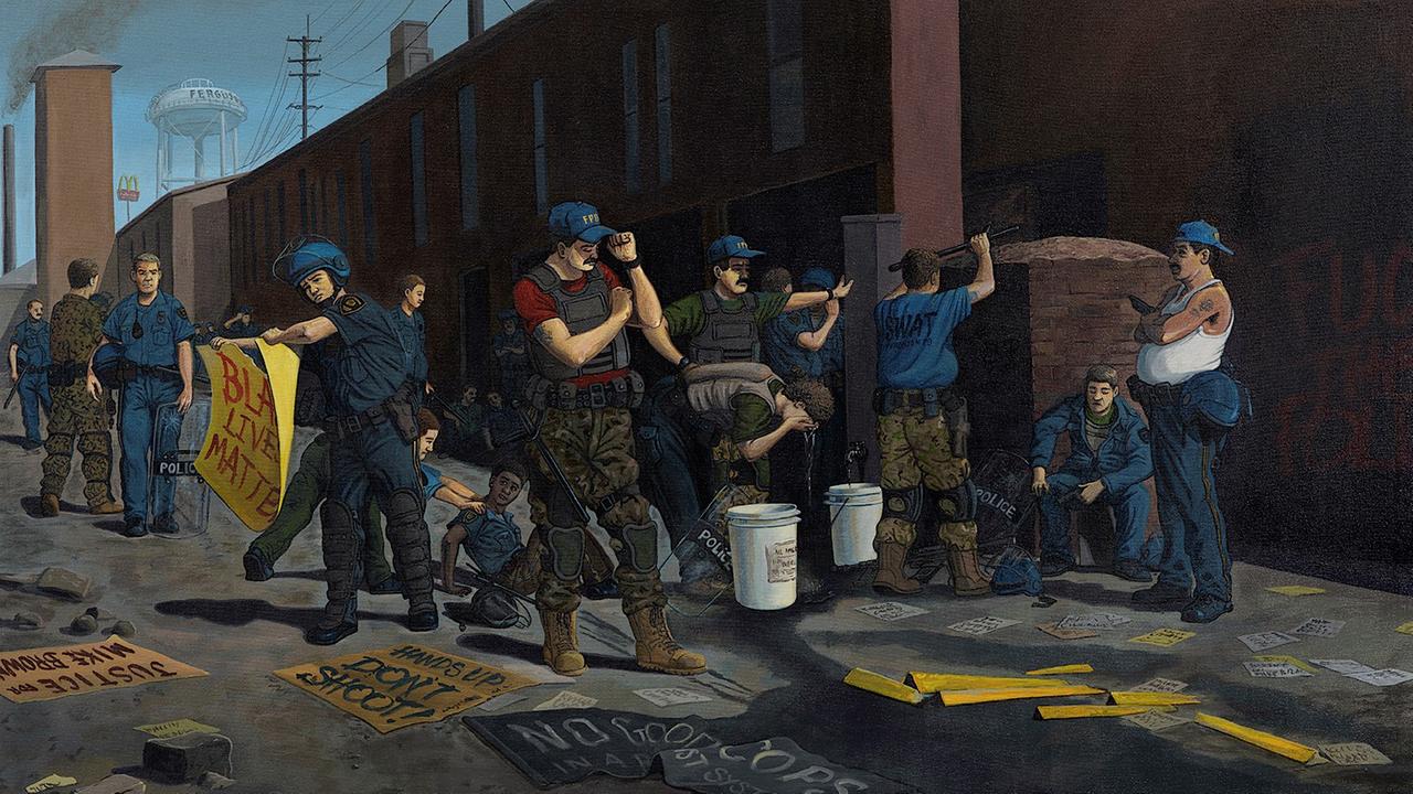 Ausschnitt aus Standing Down "(Ferguson) (Rückzug [Ferguson]), 2016" von Sandow Birk; Acryl auf Leinwand, 76,2 × 121,92 cm