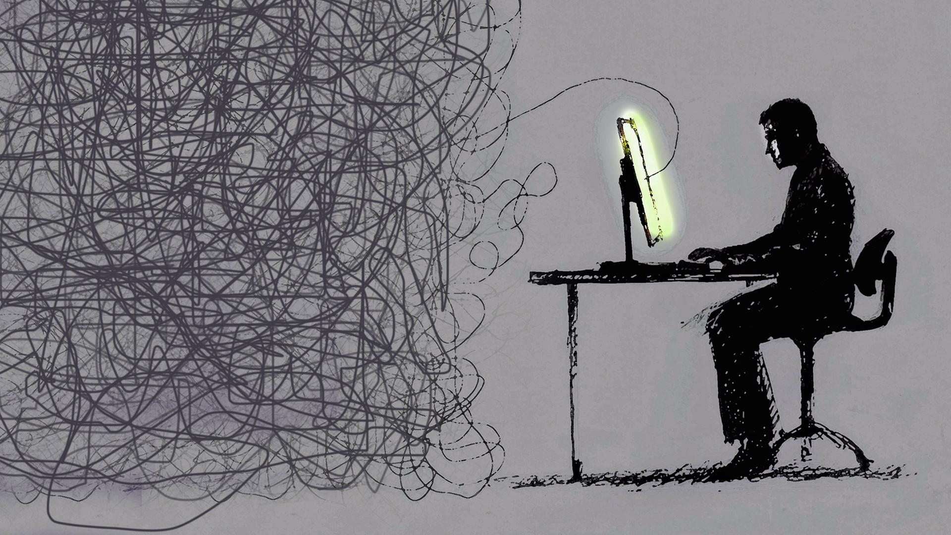 Stilisierter Mensch sitzt am Computer, von dem aus sich wirre Leitungen verhaken. Stilisierter Mensch sitzt am Computer, von dem aus sich wirre Leitungen verhaken.