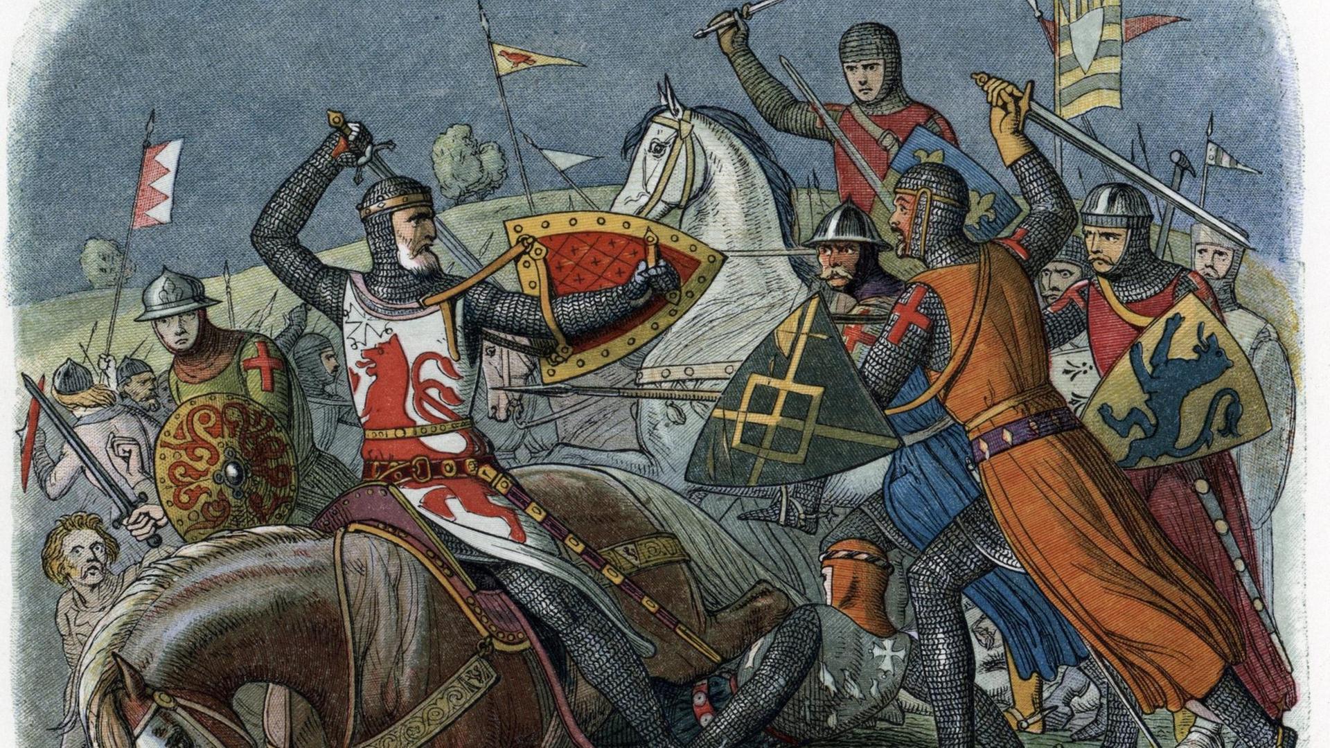 Darstellung der Schlacht von Evesham, bei der Graf Simon de Montfort ums Leben kam Darstellung der Schlacht von Evesham, bei der Graf Simon de Montfort ums Leben kam