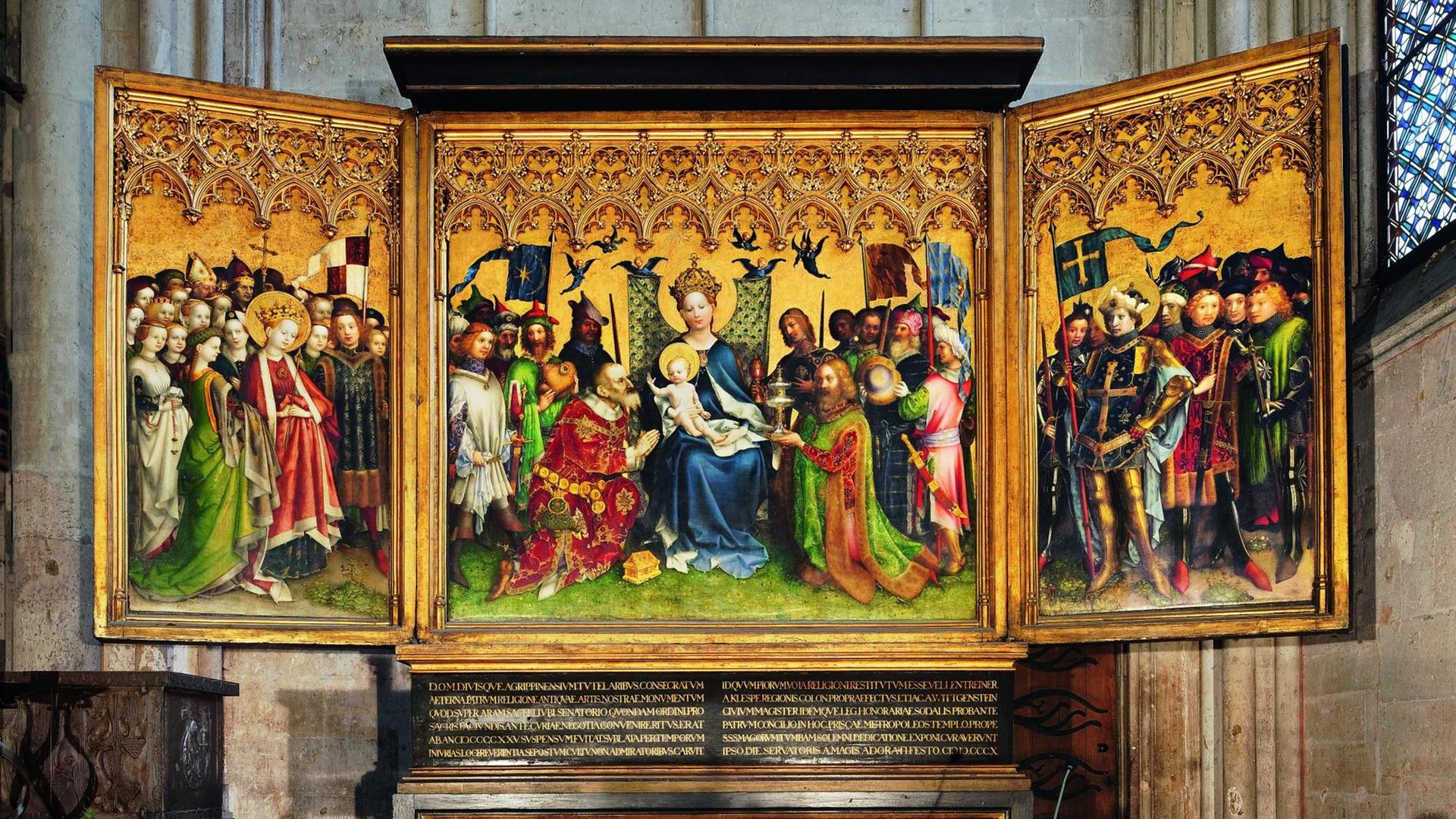 Altar der Stadtpatrone, geöffnet, von dem Kölner Maler Stefan Lochner für die Ratskapelle der Stadt Köln um 1442 gemalt Altar der Stadtpatrone, geöffnet, von dem Kölner Maler Stefan Lochner für die Ratskapelle der Stadt Köln um 1442 gemalt