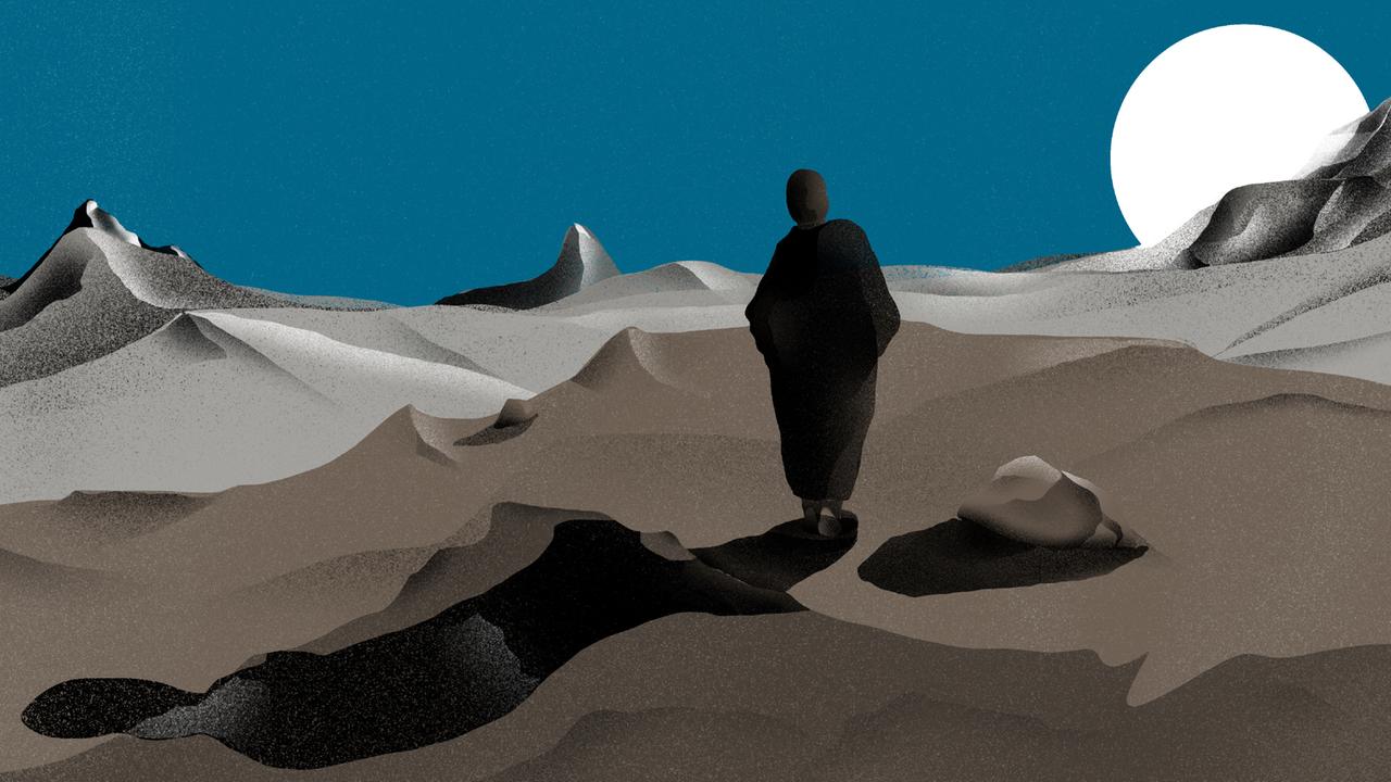 Die Illustration zeigt die Schemen einer Frau, die bei Mondlicht in einer wüstenähnlichen Landschaft in Richtung des Mondes am Horizont läuft. Die Illustration zeigt die Schemen einer Frau, die bei Mondlicht in einer wüstenähnlichen Landschaft in Richtung des Mondes am Horizont läuft.
