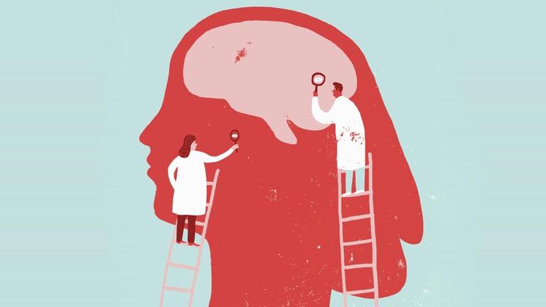 Eine Illustration zeigt wie Wissenschaftler durch eine Lupe auf das Gehirn einer Frau blicken. Eine Illustration zeigt wie Wissenschaftler durch eine Lupe auf das Gehirn einer Frau blicken.