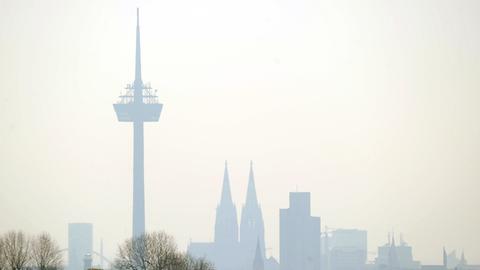 Die Skyline von Köln - aufenommen bei leichtem Dunst.