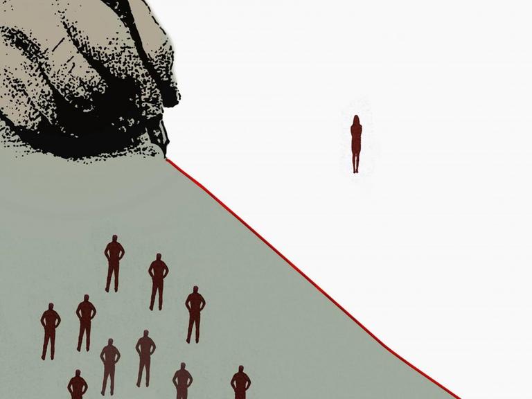 Illustration einer Hand, die eine trennende rote Linie zwischen einem Menschen und anderen Menschen zeichnet.