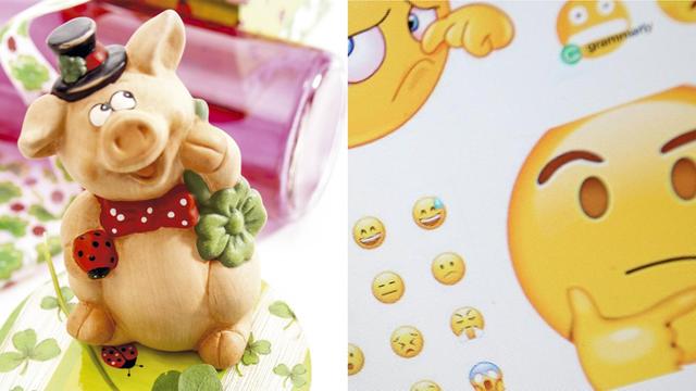 Links: Ein Glücksschwein, recht: ein skeptisches Emoji