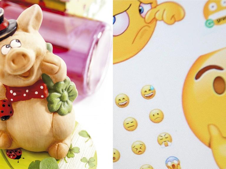 Links: Ein Glücksschwein, recht: ein skeptisches Emoji