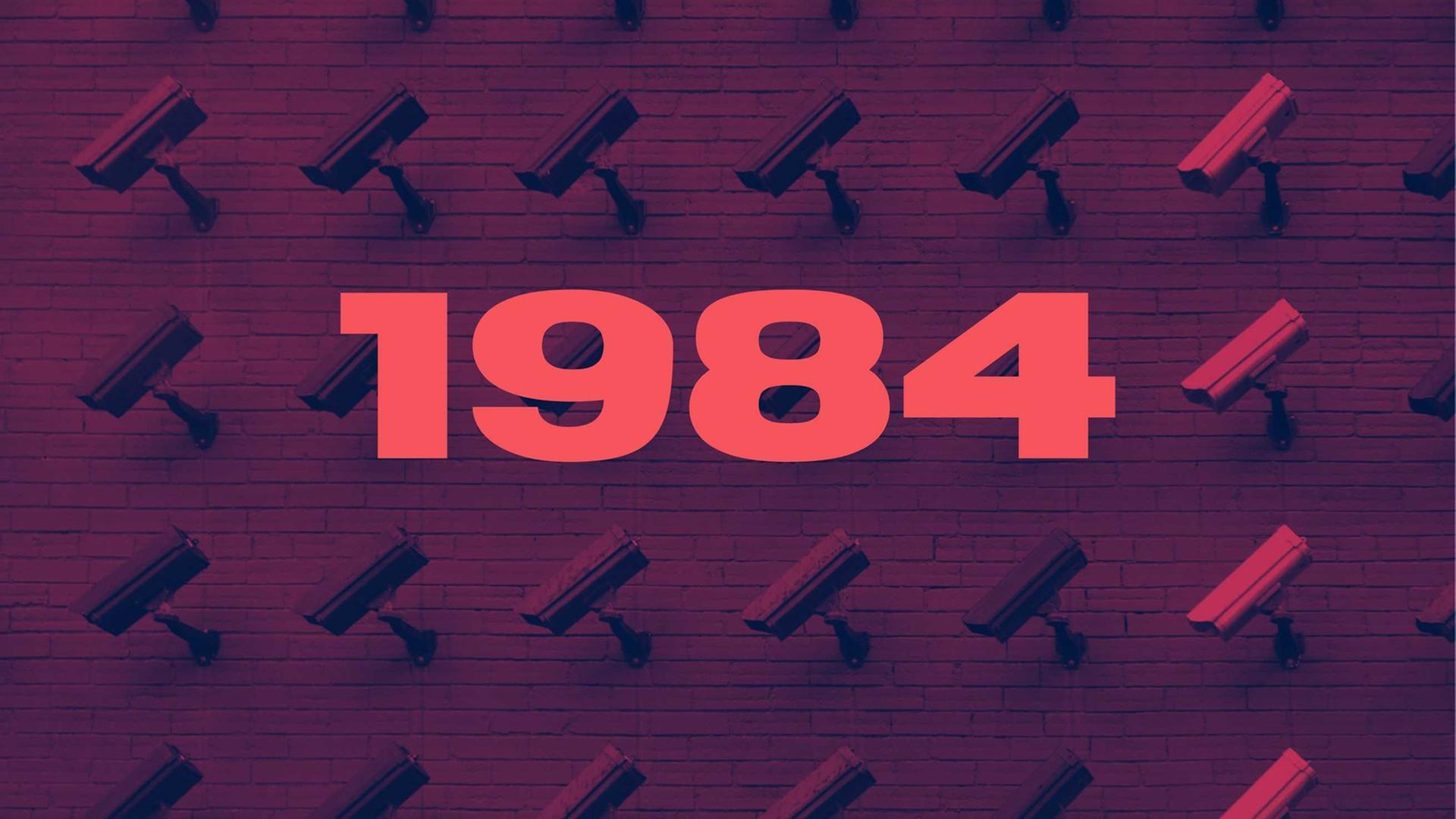Die rote Zahl 1984 in der Mitte des Bildes. Im Hintergrund Überwachungskameras auf dunkelrotem Hintergrund. Die rote Zahl 1984 in der Mitte des Bildes. Im Hintergrund Überwachungskameras auf dunkelrotem Hintergrund.