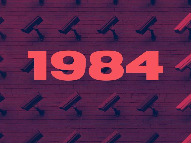Die rote Zahl 1984 in der Mitte des Bildes. Im Hintergrund Überwachungskameras auf dunkelrotem Hintergrund. 
