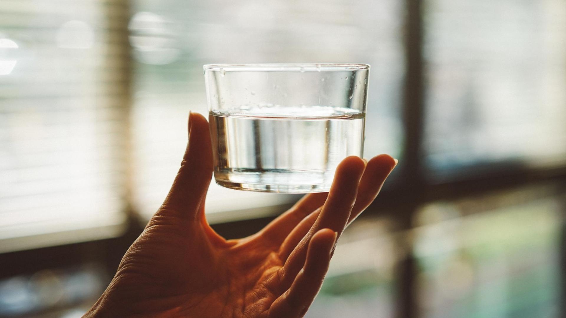 Eine Hand hält ein Glas Wasser. Im Hintergrund ist ein Fenster zu sehen. Eine Hand hält ein Glas Wasser. Im Hintergrund ist ein Fenster zu sehen.