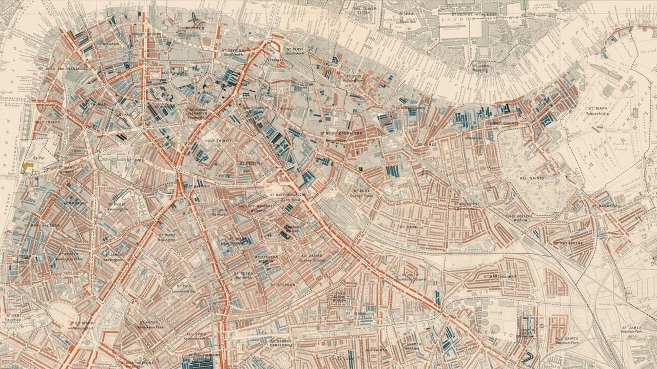 Historischer Stadtplan Londons mit blau und rot markierten Stadtvierteln, die die sozialen Schichten der Bewohner aufschlüsseln. Historischer Stadtplan Londons mit blau und rot markierten Stadtvierteln, die die sozialen Schichten der Bewohner aufschlüsseln.