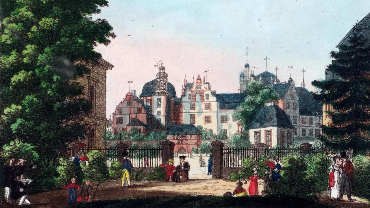 Historische Zeichnung der Schlossanlage im Stil der Renaissance. Historische Zeichnung der Schlossanlage im Stil der Renaissance.