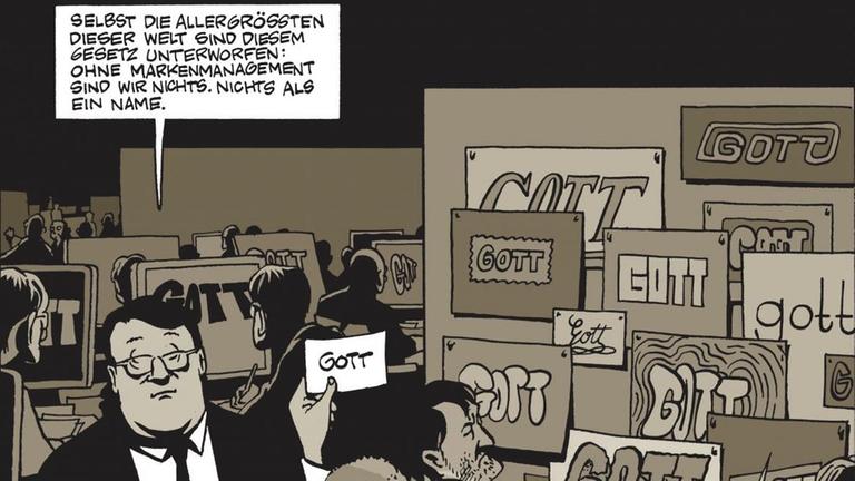 Ein Bild aus "Gott Höchstselbst" von Marc-Antoine Mathieu: Gott wird zur Marke Ein Bild aus "Gott Höchstselbst" von Marc-Antoine Mathieu: Gott wird zur Marke