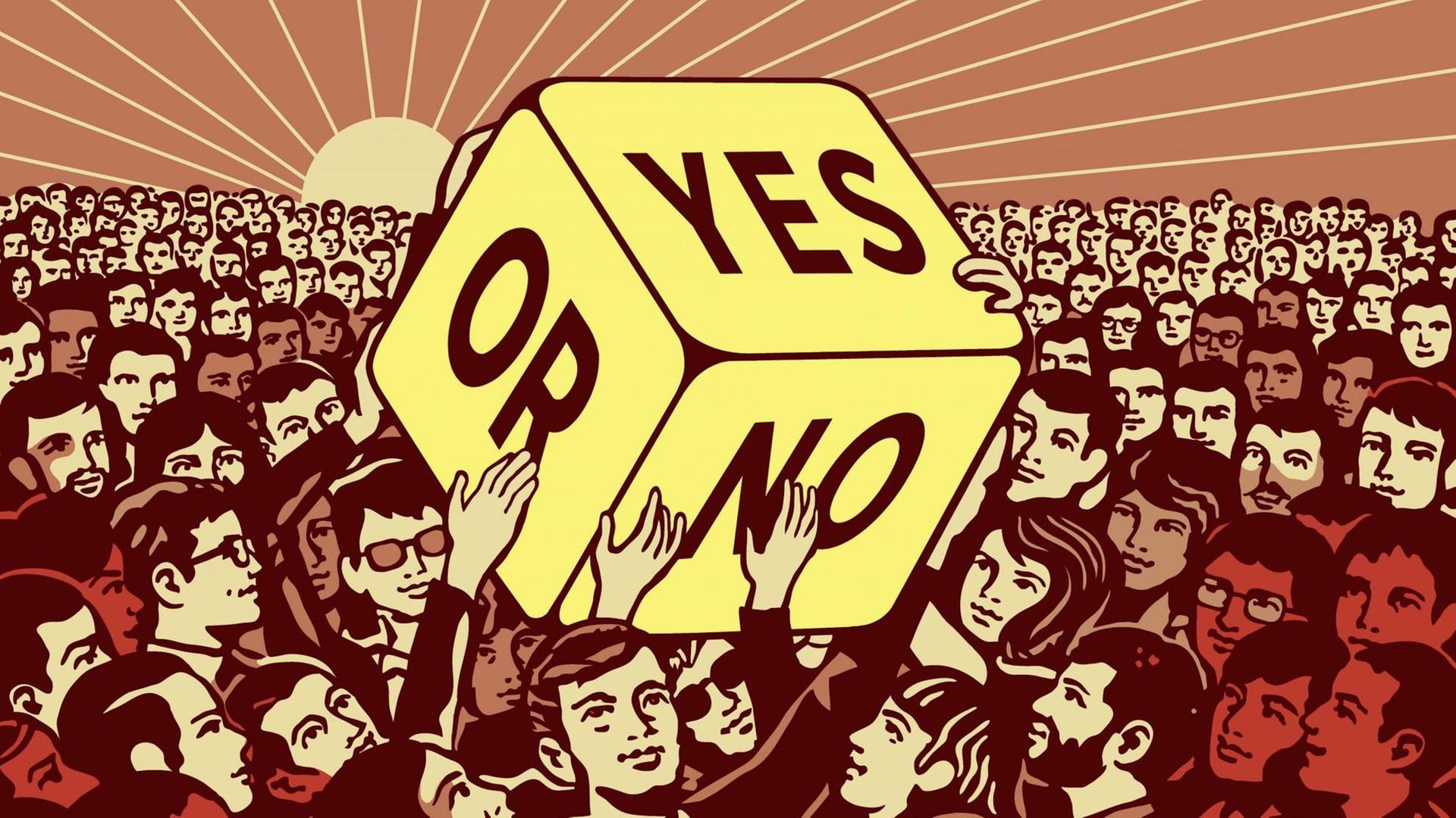 Die Illustration zeigt viele Menschen, die einen Würfel hochhalten, auf dem "Yes" und "No" steht.
