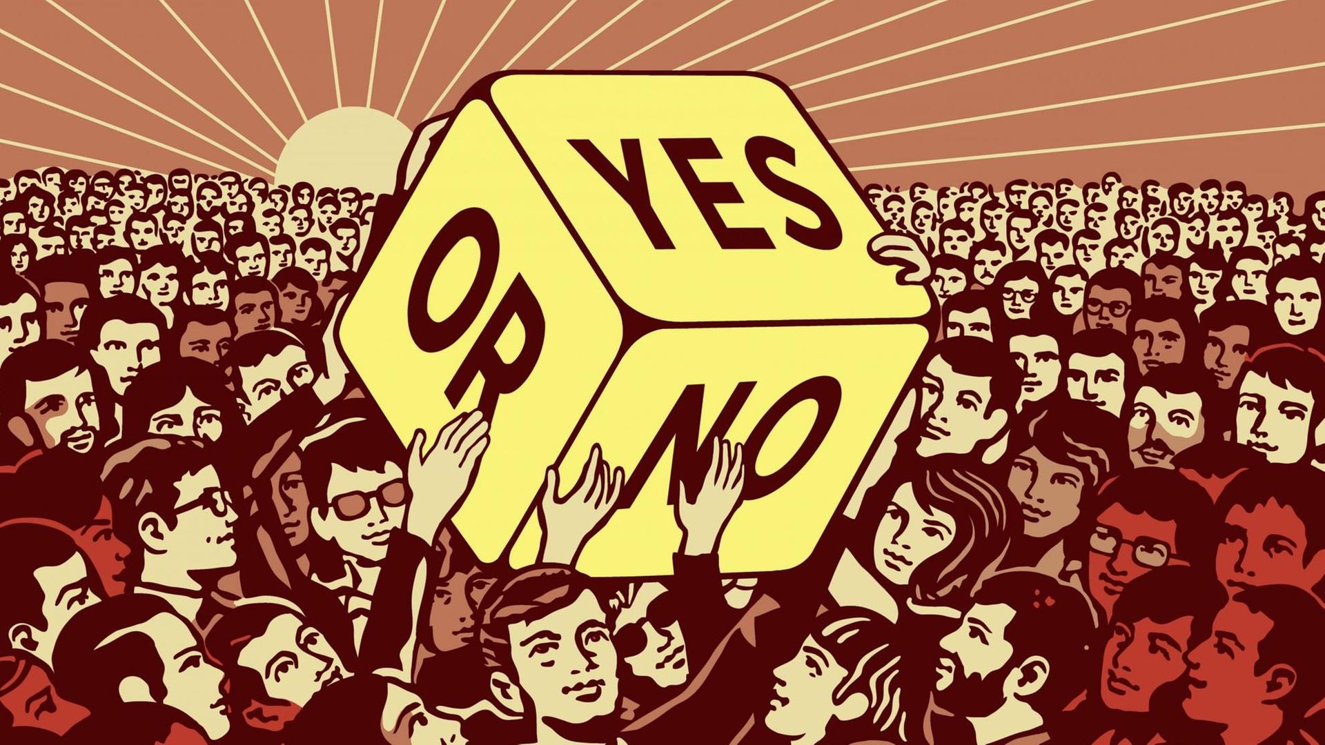 Die Illustration zeigt viele Menschen, die einen Würfel hochhalten, auf dem "Yes" und "No" steht. Die Illustration zeigt viele Menschen, die einen Würfel hochhalten, auf dem "Yes" und "No" steht.