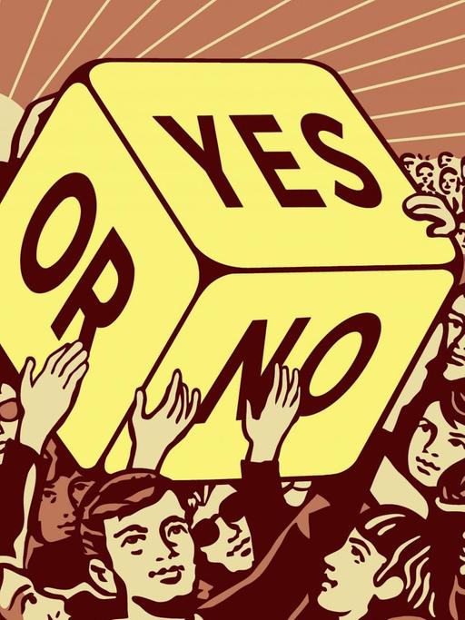 Die Illustration zeigt viele Menschen, die einen Würfel hochhalten, auf dem "Yes" und "No" steht.