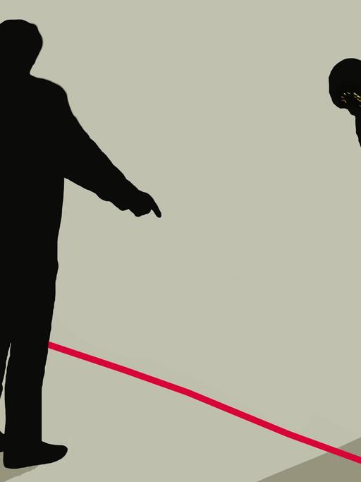 Eine rote Linie trennt zwei Menschen voneinander.