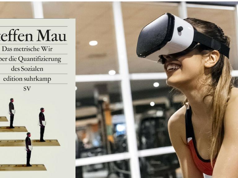 Cover von Steffen Maus Buch "Das Metrische Wir. Über die Quantifizierung des Sozialen". Im Hintergrund ist eine Frau in einem Fitnesstudio zu sehen, die eine VR-Brille trägt.