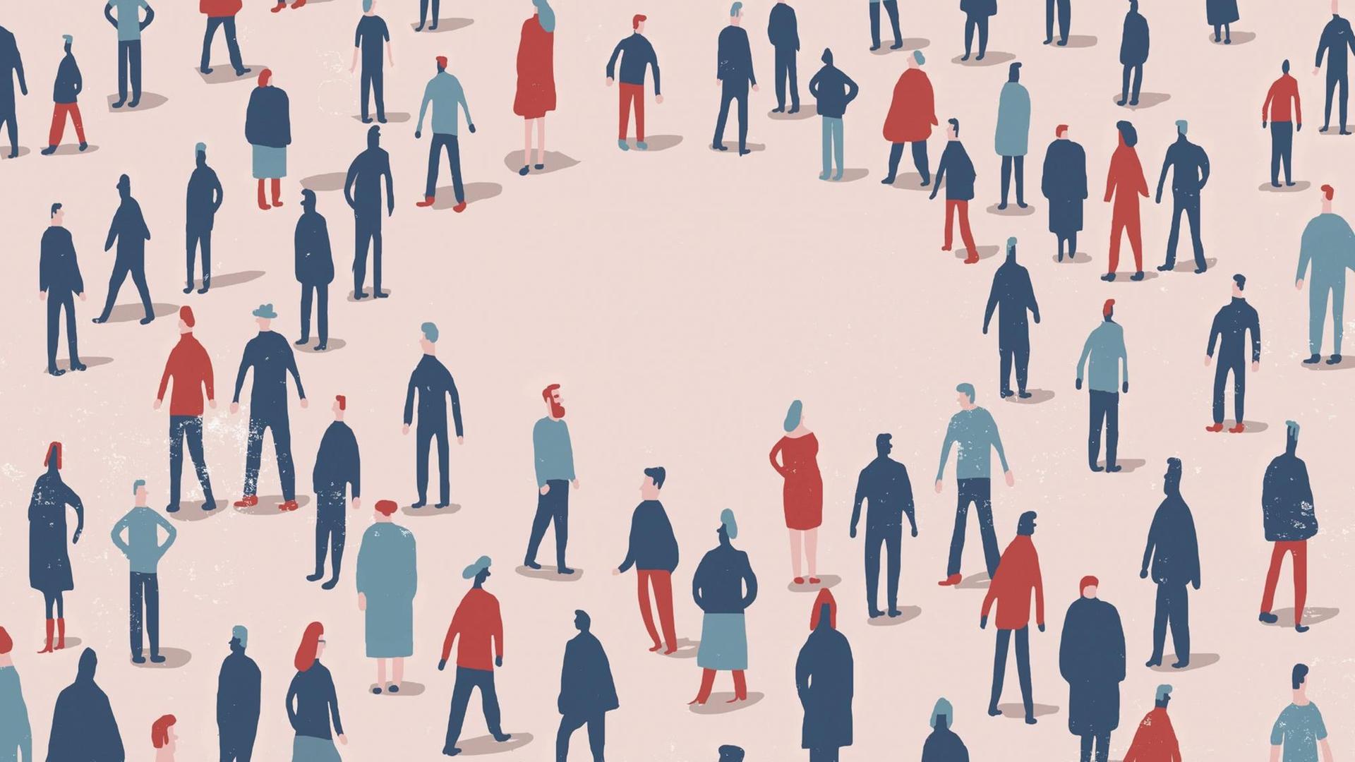 Illustration von einem runden, leeren Raum im Zentrum einer Menschenmenge. Illustration von einem runden, leeren Raum im Zentrum einer Menschenmenge.