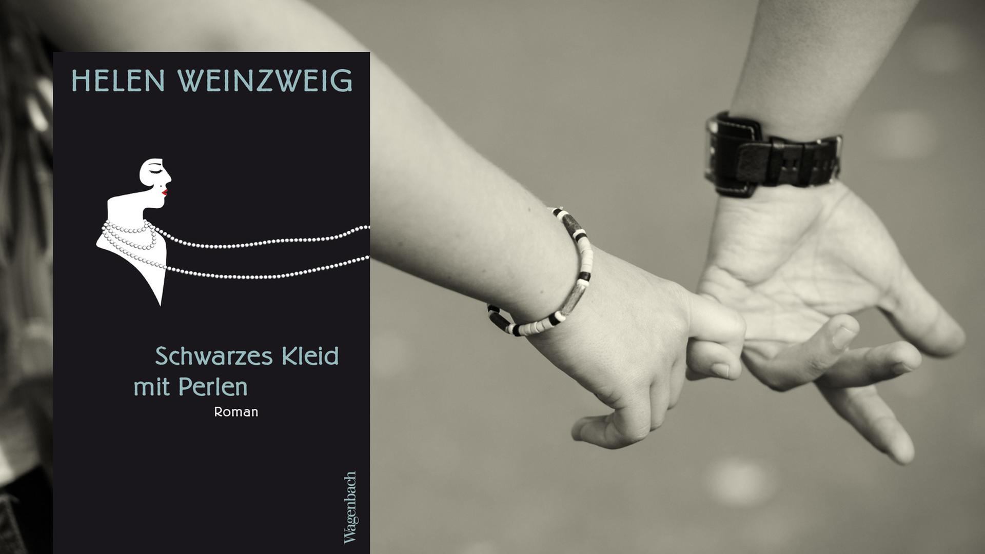 Buchcover: "Helen Weinzweig: Schwarzes Kleid mit Perlen" und Pärchen, das Händchen hält. Buchcover: "Helen Weinzweig: Schwarzes Kleid mit Perlen" und Pärchen, das Händchen hält.