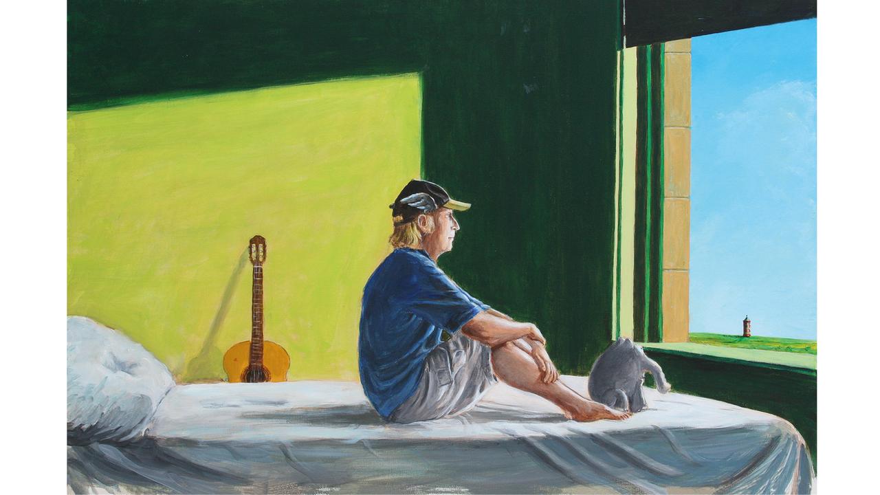 Das Bild von Otto Waalkes "Sitting in the morning sun" wurde von Edward Hoppers Gemälde "Morgendliche Sonne" inspiriert und hängt derzeit im Caricatura Museum. Das Bild von Otto Waalkes "Sitting in the morning sun" wurde von Edward Hoppers Gemälde "Morgendliche Sonne" inspiriert und hängt derzeit im Caricatura Museum.