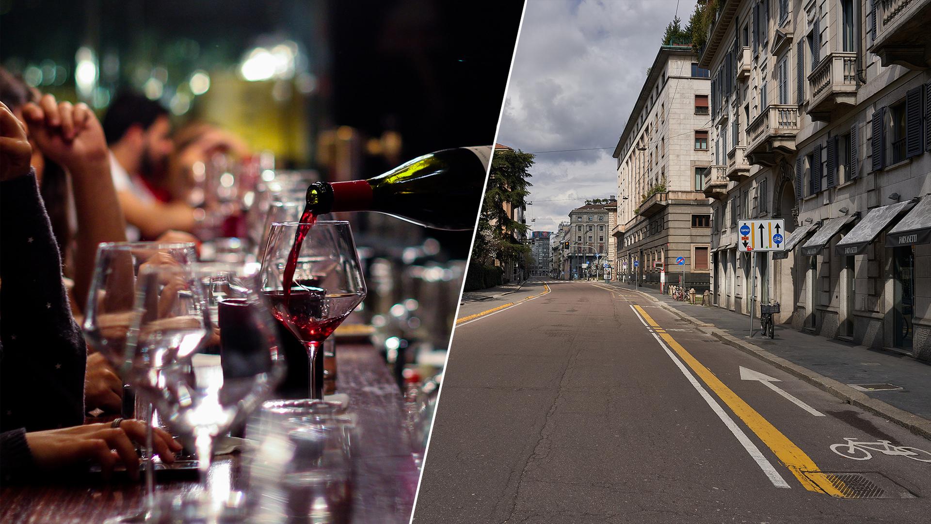 Links in der Collage wird an einer Bar Wein eingeschenkt, rechts eine leere Straße in Mailand. Links in der Collage wird an einer Bar Wein eingeschenkt, rechts eine leere Straße in Mailand.