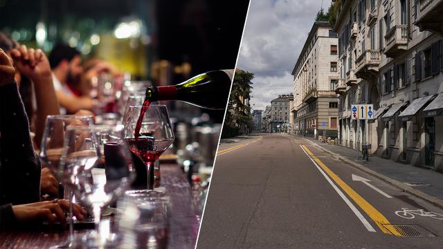 Links in der Collage wird an einer Bar Wein eingeschenkt, rechts eine leere Straße in Mailand.
