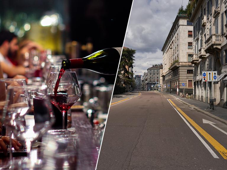 Links in der Collage wird an einer Bar Wein eingeschenkt, rechts eine leere Straße in Mailand.