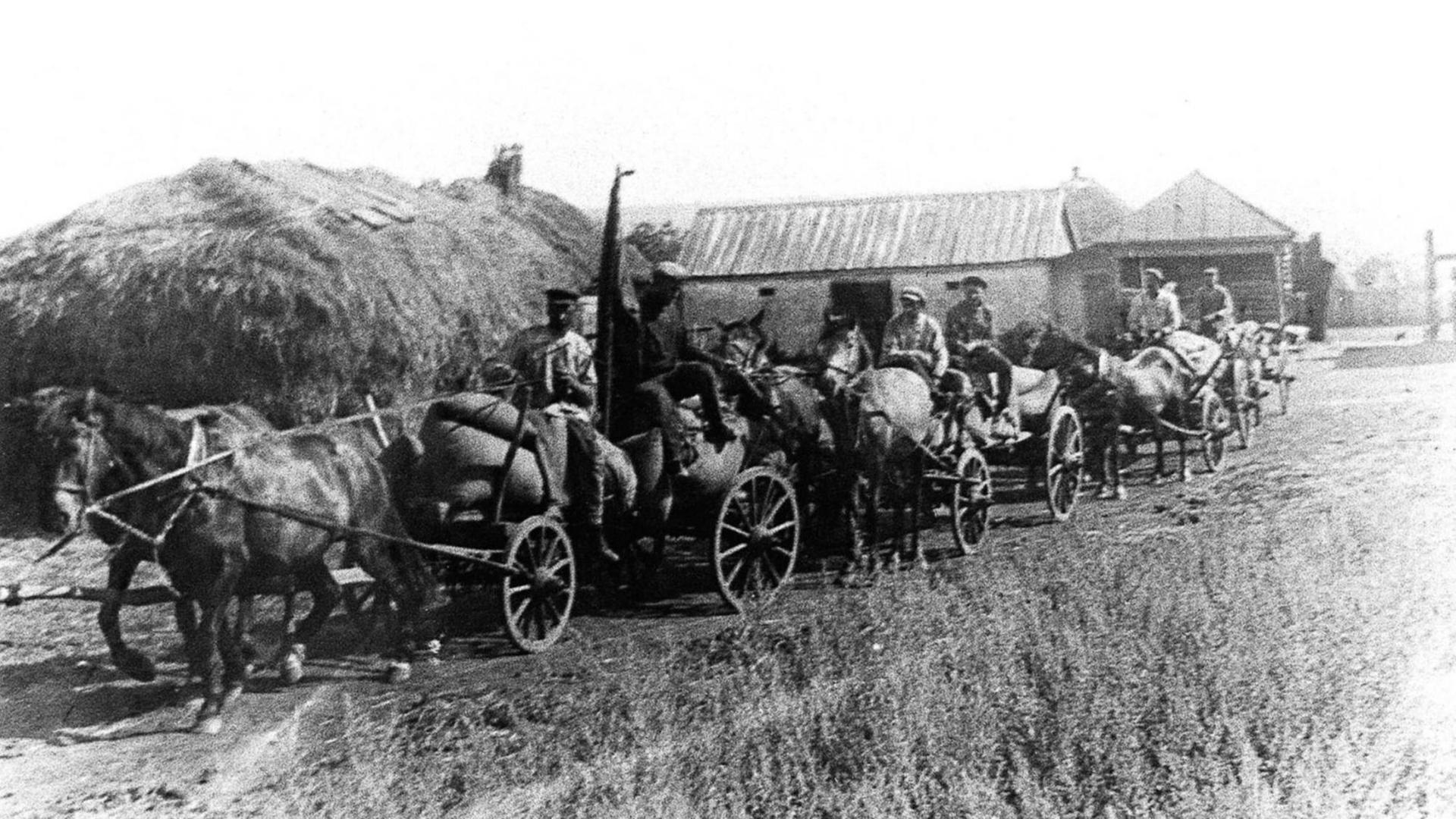 In einem ukrainischen Dorf bei Charkiw werden 1932 im Auftrag der Bolschewiken mit Pferdewagen Lebensmittel abtransportiert. In einem ukrainischen Dorf bei Charkiw werden 1932 im Auftrag der Bolschewiken mit Pferdewagen Lebensmittel abtransportiert.