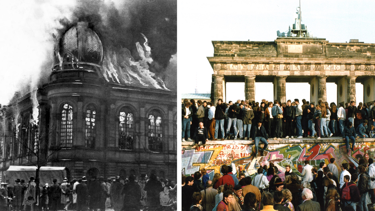 Zwei Fotos sind zu sehen: Das linke Bild zeigt eine brennende Synagoge in Frankfurt im Jahr 1938. Das linke Bild zeigt Menschen, die im Jahr 1989 die Berliner Mauer erklimmen.