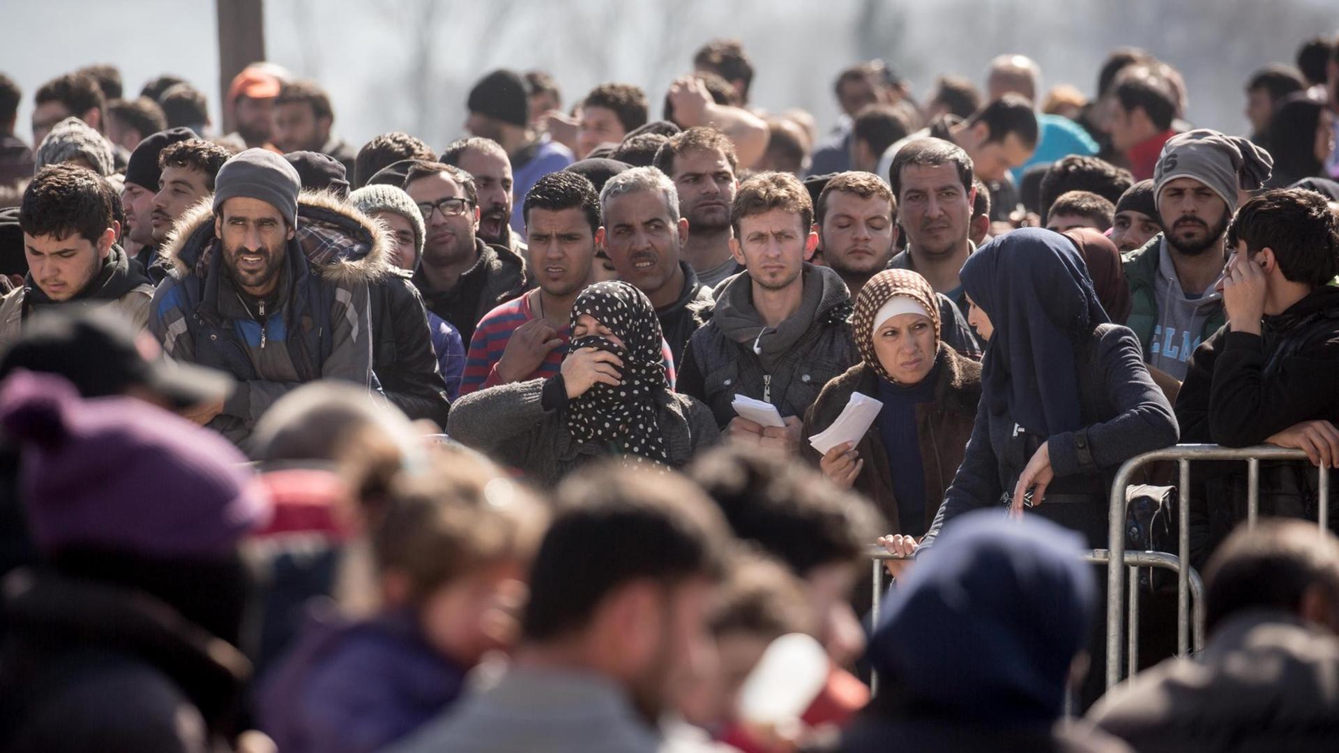 Flüchtlinge stehen am 03.03.2016 im Flüchtlingslager in Idomeni an der Grenze zwischen Griechenland und Mazedonien bei der Registrierung. Flüchtlinge stehen am 03.03.2016 im Flüchtlingslager in Idomeni an der Grenze zwischen Griechenland und Mazedonien bei der Registrierung.