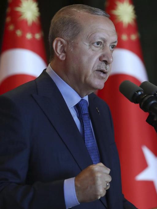 Der türkische Präsident Erdogan hält in Ankara eine Rede, im Hintegrrund sind türkische Flaggen zu sehen