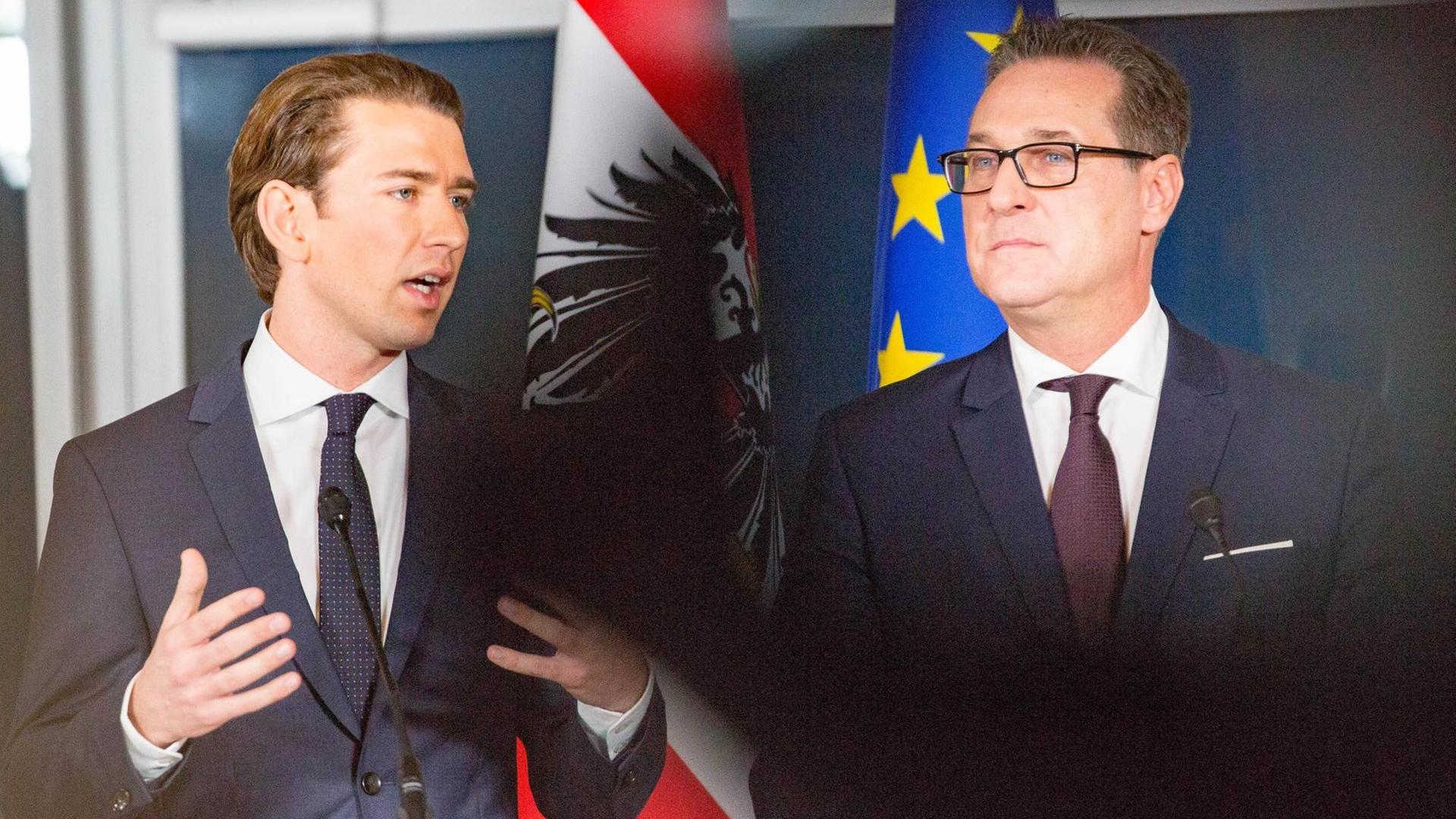 ÖVP-Chef Kurz und der FPÖ-Vorsitzende Strache präsentieren das Regierungsprogramm der sogenannten türkis-blauen Koalition. ÖVP-Chef Kurz und der FPÖ-Vorsitzende Strache präsentieren das Regierungsprogramm der sogenannten türkis-blauen Koalition.