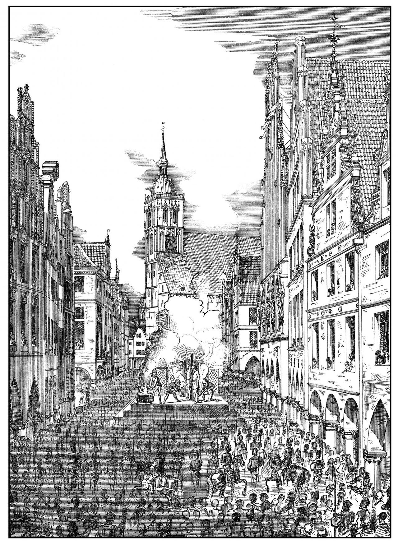 Historische Zeichnung aus dem 19. Jahrhundert zur Hinrichtung der Täufer Jan van Leiden, Bernd Krechting und Bernd Knipperdolling auf dem Prinzipalmarkt in Münster im Jahr 1536 