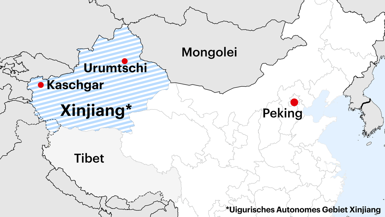 Karte zeigt China und Xinjiang, das Gebiet der Uriguren Karte zeigt China und Xinjiang, das Gebiet der Uriguren