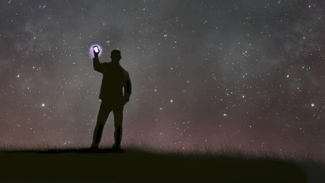 Illustration von einem Mann, der einsam vor einem Sternenhimmel steht und auf sein hell erleuchtetes Telefon blickt. Illustration von einem Mann, der einsam vor einem Sternenhimmel steht und auf sein hell erleuchtetes Telefon blickt.