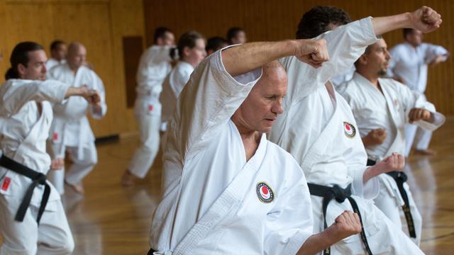 Fortgeschrittene Karateka der Meisterstufe beim Training von Schlag- und Abwehr-Techniken bei einem international besuchten Lehrgang in Strausberg bei Berlin.