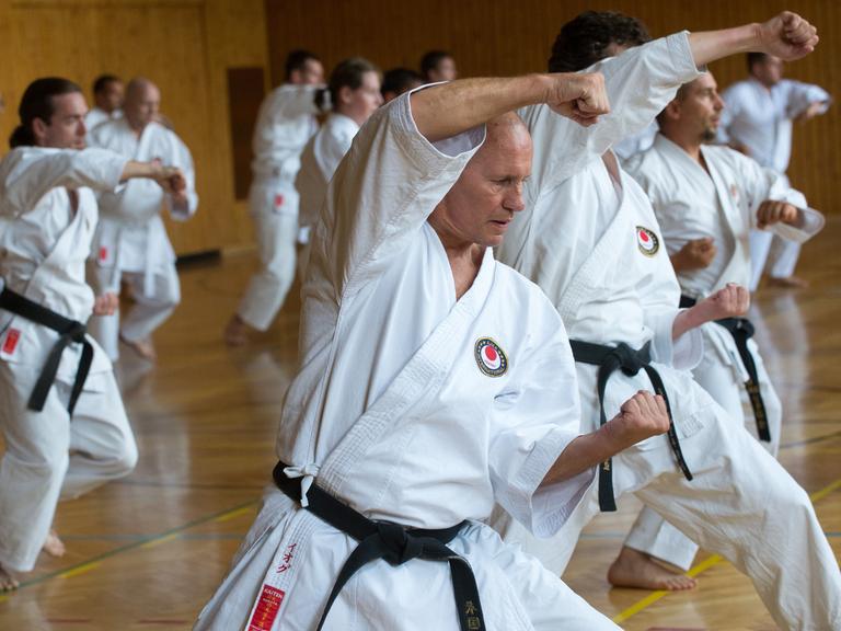Fortgeschrittene Karateka der Meisterstufe beim Training von Schlag- und Abwehr-Techniken bei einem international besuchten Lehrgang in Strausberg bei Berlin.