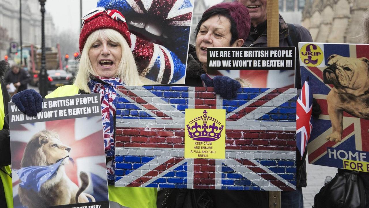 Brexit-Befürworter demonstrieren mit Plakaten Brexit-Befürworter demonstrieren mit Plakaten
