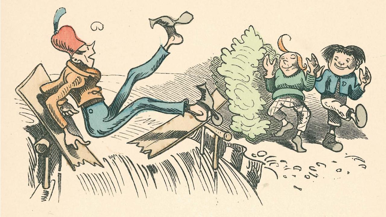 Max und Moritz amüsieren sich hinter einem Busch darüber, dass ein Mann von einer Brücke, die sie zuvor angesägt hatten, ins Wasser stürzt. Max und Moritz amüsieren sich hinter einem Busch darüber, dass ein Mann von einer Brücke, die sie zuvor angesägt hatten, ins Wasser stürzt.