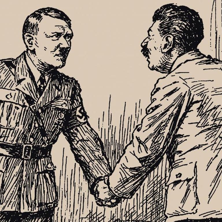 Eine Karikatur aus dem Jahr 1939 ("Punch Magazine") zeigt den Handschlag zwischen Hitler und Stalin.