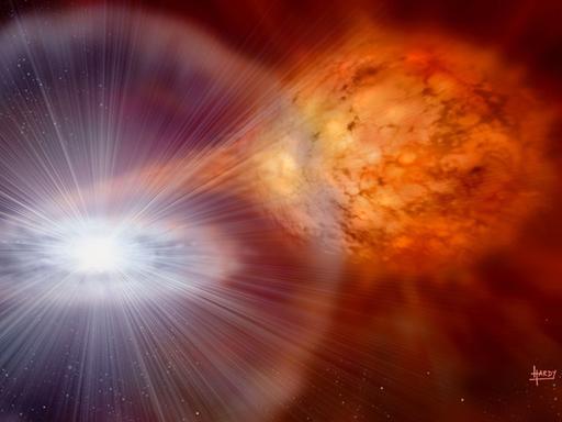 Bei wiederkehrenden Novae werden auch Lithium-Kerne erbrütet, die bei einer Supernova-Explosion in den umgebenden Weltraum geschleudert werden (Animation)