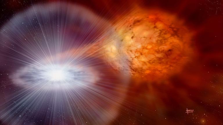 Bei wiederkehrenden Novae werden auch Lithium-Kerne erbrütet, die bei einer Supernova-Explosion in den umgebenden Weltraum geschleudert werden (Animation) Bei wiederkehrenden Novae werden auch Lithium-Kerne erbrütet, die bei einer Supernova-Explosion in den umgebenden Weltraum geschleudert werden (Animation)