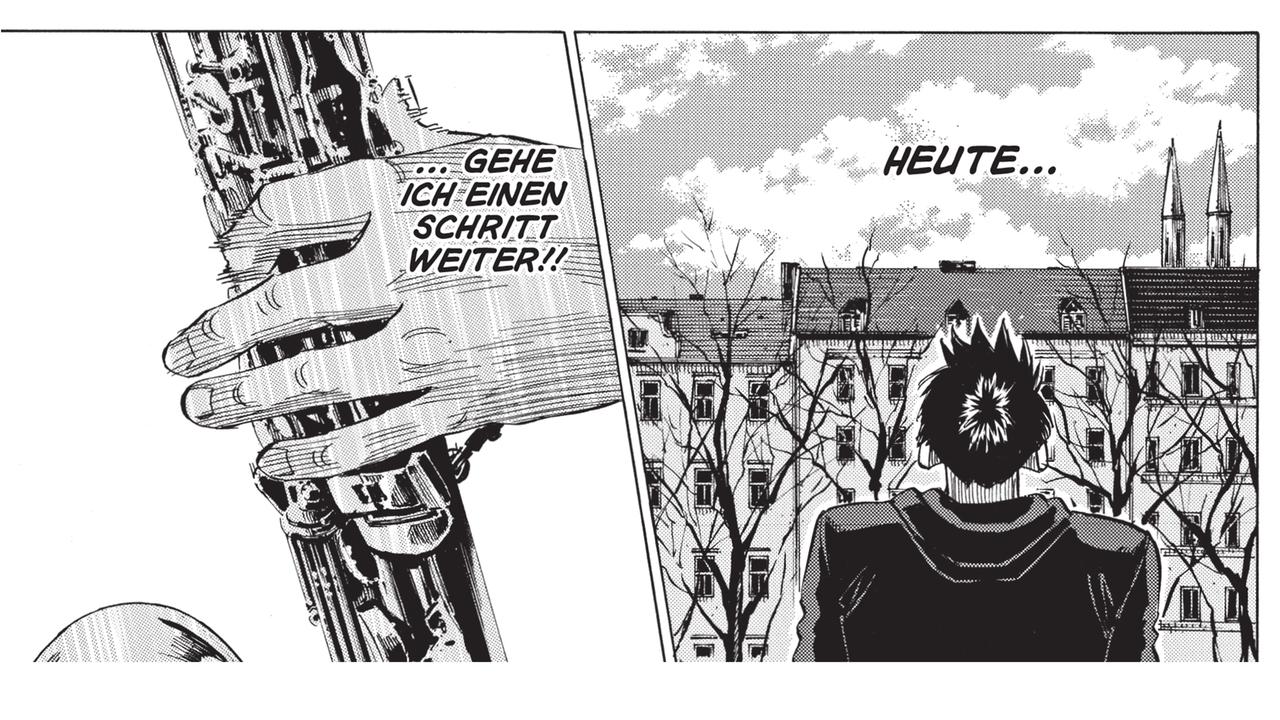 Ausschnitt aus dem Manga "Blue Giant Supreme": Eine Hand am Saxophon ist zu sehen, rechts danaben, schaut eine Figur, vom Balkos aus, auf die gegenüberliegende Hausfassaden. Ausschnitt aus dem Manga "Blue Giant Supreme": Eine Hand am Saxophon ist zu sehen, rechts danaben, schaut eine Figur, vom Balkos aus, auf die gegenüberliegende Hausfassaden.