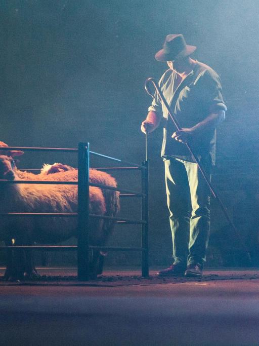 Szene aus Milo Raus neuem Stück "Lam Gods": Ein Schäfer steht am Zaun, hinter dem sich einige Schafe befinden