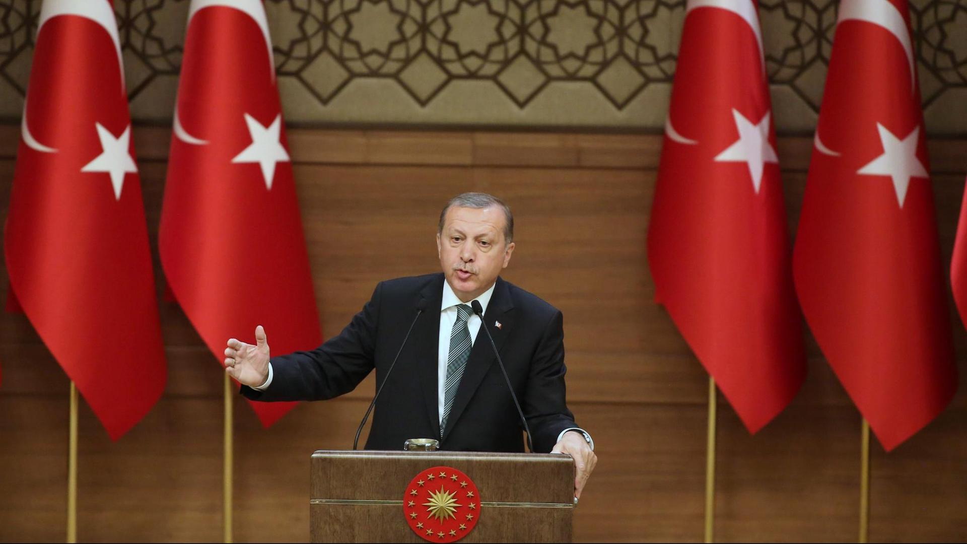 Der türkische Präsident Recep Tayyip Erdogan während einer Rede im Präsidentenpalast in Ankara am 4.5.2016. Der türkische Präsident Recep Tayyip Erdogan während einer Rede im Präsidentenpalast in Ankara am 4.5.2016.